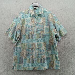 Go Barefoot Hawaiian Shirt Mens Large Blue Beige‎ Tribal Graphic Print USA